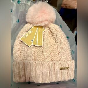 Michael Kors Women's Cable Knit Teddy Fleece Faux Fur Pom Pom Beanie Hat, Pink